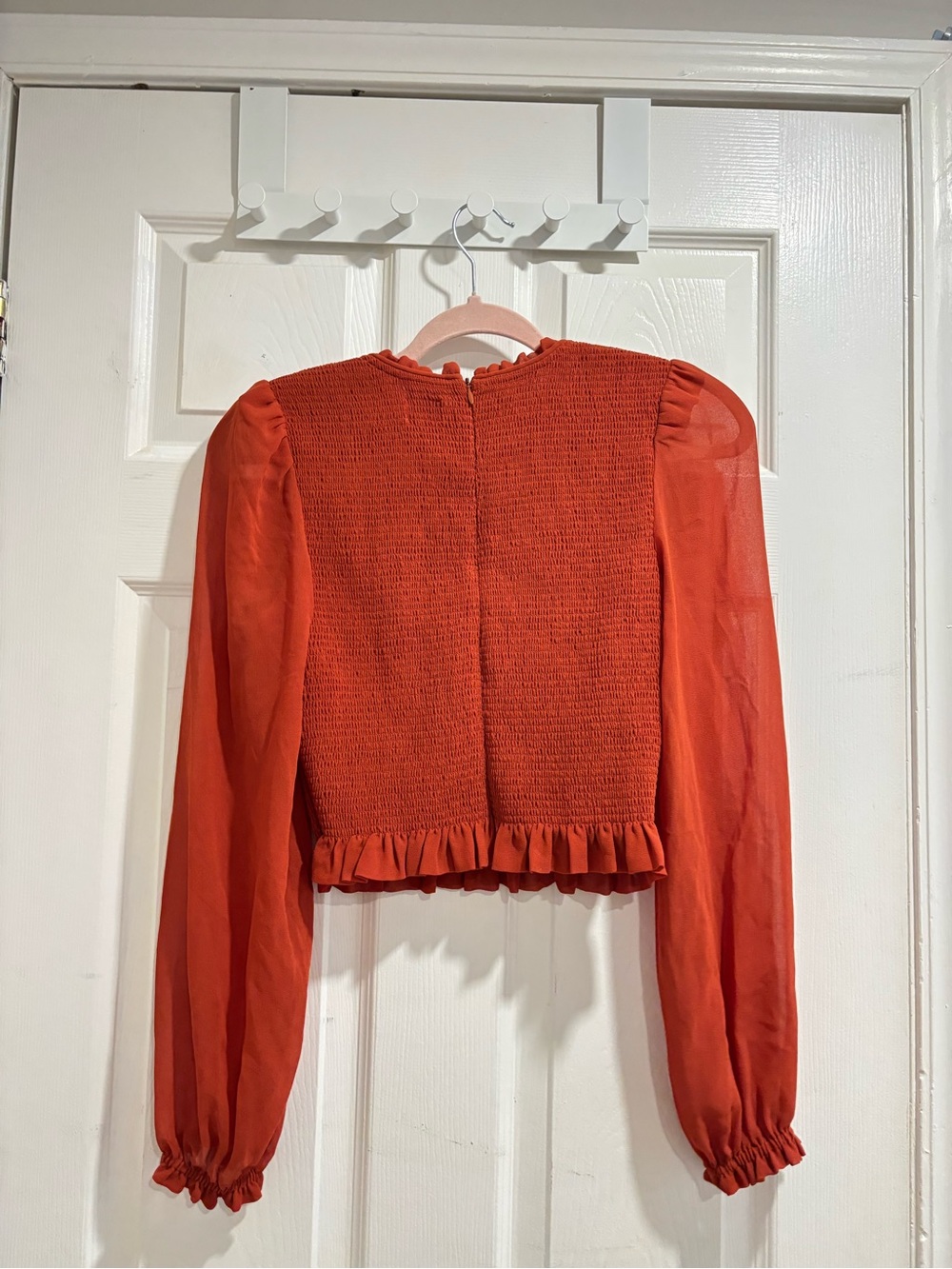 Aritzia Wilfred Orange Smocked Long-Sleeve Crop Blouse